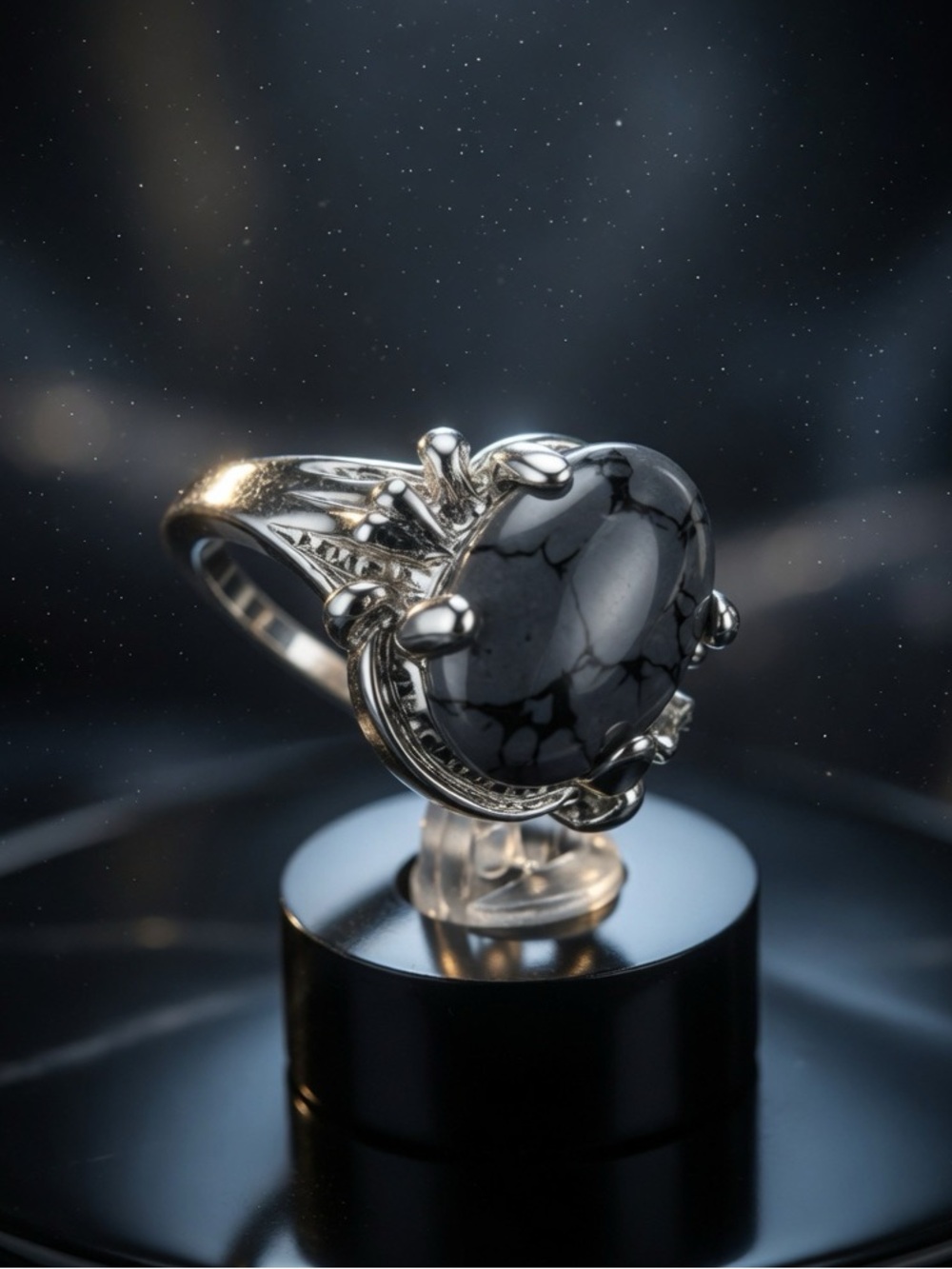 Brand New Teardrop “Snowflake Obsidian” Silver Ring